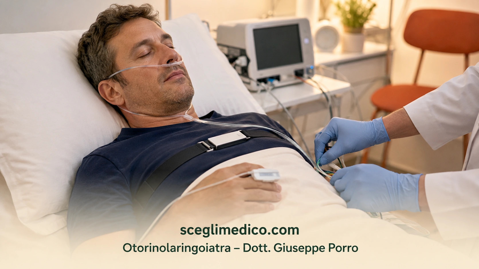 Scena illustrativa di monitoraggio della respirazione in un laboratorio del sonno.